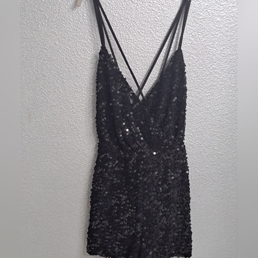 Black Sequin Romper With Adjustable Cross Straps Size L